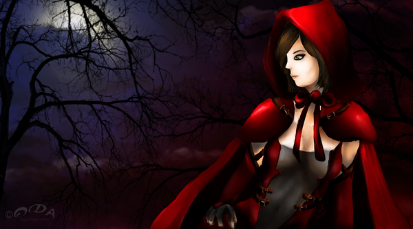 Anime picture 6900x3833 with original little red riding hood (character) oscarsama single highres short hair brown hair wide image green eyes absurdres profile night night sky hand on hip bare tree gothic girl dress gloves elbow gloves