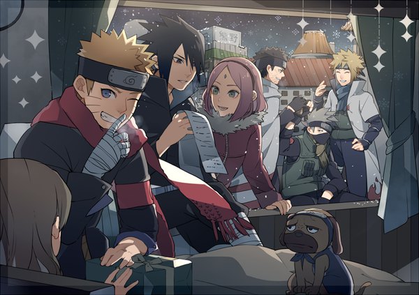 イラスト 900x635 と ナルト 株式会社ぴえろ naruto (series) うずまきナルト うちはサスケ 春野サクラ はたけカカシ うちはオビト 波風ミナト pakkun きらげら 前髪 短い髪 開いた口 青い目 黒髪 金髪 笑顔 茶色の髪 座る