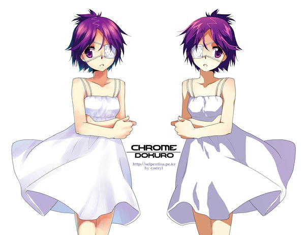 Anime picture 1100x847 with katekyou hitman reborn chrome dokuro c.seryl short hair simple background white background purple eyes bare shoulders multiple girls signed looking away purple hair wind character names crossed arms dual persona girl dress 2 girls white dress