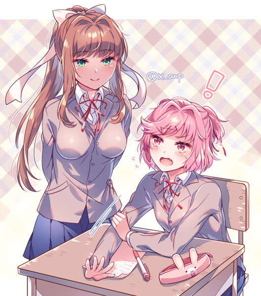 Anime picture 794x900 with doki doki literature club monika (doki doki literature club) natsuki (doki doki literature club) aicedrop long hair tall image blush fringe short hair breasts open mouth simple background brown hair standing sitting multiple girls green eyes signed payot looking away
