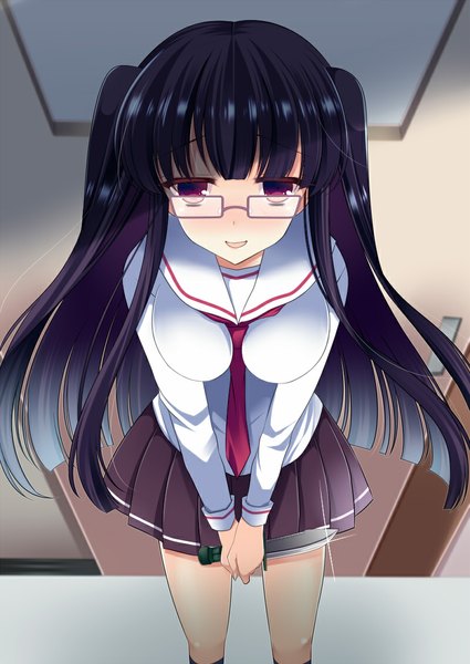 Anime picture 800x1129 with original agekichi (heart shape) long hair tall image looking at viewer blush open mouth black hair red eyes girl skirt uniform school uniform shirt glasses necktie knife