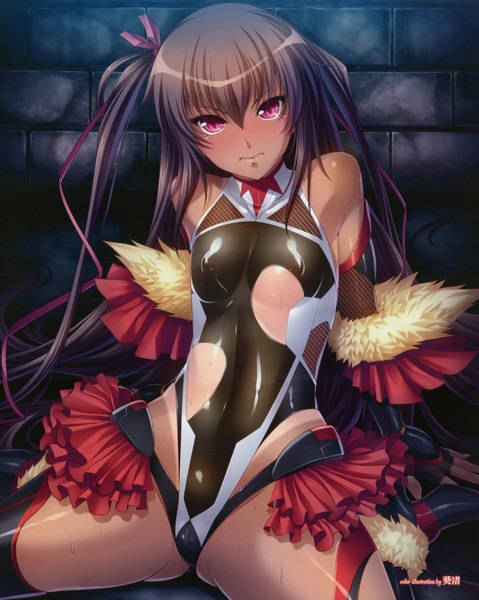 Anime picture 3062x3833 with taimanin yukikaze taimanin (series) mizuki yukikaze aoi nagisa (artist) single long hair tall image looking at viewer blush highres breasts light erotic black hair bare shoulders absurdres nipples pink eyes girl ribbon (ribbons) hair ribbon