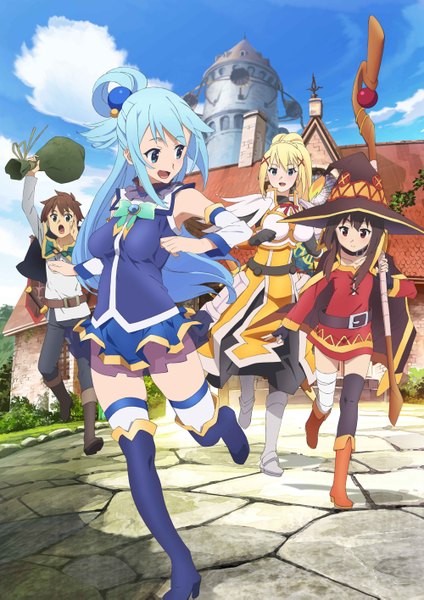 Anime picture 2000x2829 with kono subarashii sekai ni shukufuku wo! studio deen megumin aqua (konosuba) darkness (konosuba) satou kazuma long hair tall image blush highres short hair open mouth blue eyes black hair blonde hair red eyes brown hair multiple girls blue hair ponytail