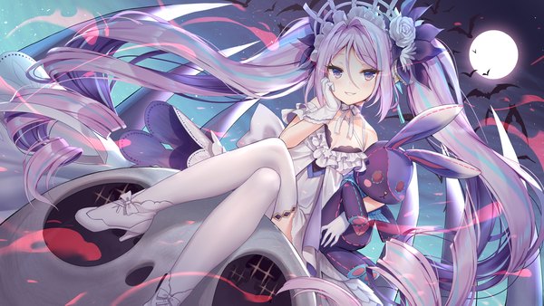 Anime-Bild 1920x1080 mit song of time silveroid single looking at viewer blush fringe highres smile hair between eyes wide image sitting purple eyes twintails bare shoulders holding payot cleavage purple hair bent knee (knees) outdoors