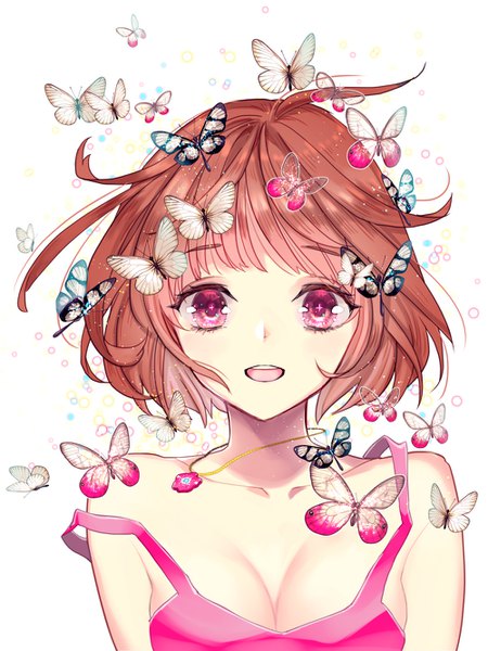 Anime picture 1000x1334 with original tamaki mitsune single tall image looking at viewer fringe short hair breasts open mouth simple background smile red eyes white background bare shoulders ahoge upper body pink eyes floating hair symbol-shaped pupils portrait