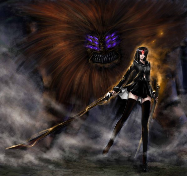 Anime picture 1600x1500 with ga-rei zero isayama yomi jian huang single long hair looking at viewer fringe breasts black hair standing purple eyes holding full body outdoors blunt bangs pleated skirt from below zettai ryouiki standing on one leg fog
