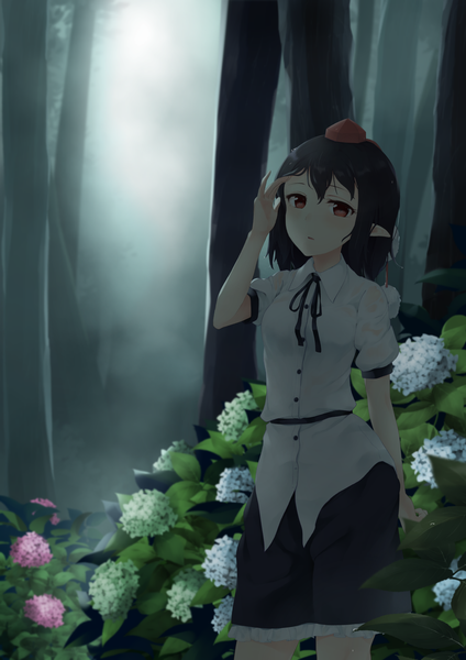 Anime picture 1736x2456 with touhou shameimaru aya kanpa (campagne 9) single tall image looking at viewer highres short hair black hair red eyes pointy ears short sleeves adjusting hair wet clothes frilly skirt fog girl skirt flower (flowers) plant (plants)