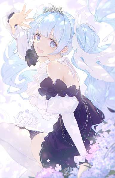 Anime picture 1235x1920 with vocaloid hatsune miku yuki miku yuki miku (2019) lf single tall image looking at viewer fringe open mouth blue eyes sitting twintails blue hair very long hair :d happy birthday 2022 girl thighhighs