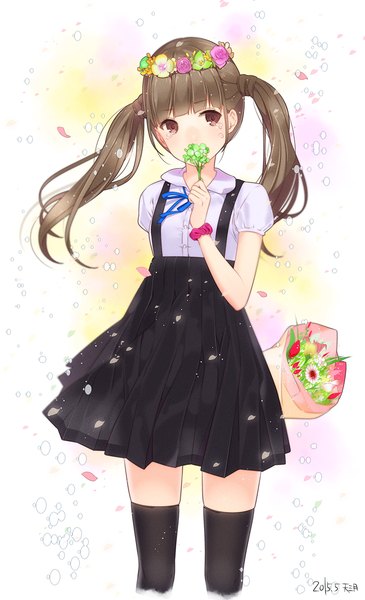 Anime picture 731x1200 with original ama mitsuki single long hair tall image blush brown hair twintails brown eyes signed looking away arm behind back sniffing girl thighhighs skirt flower (flowers) black thighhighs petals bouquet