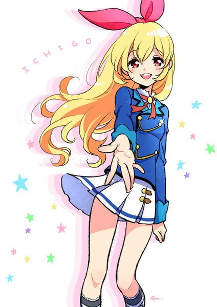 Anime picture 868x1228 with aikatsu! hoshimiya ichigo morikura en single long hair tall image looking at viewer blush fringe open mouth simple background blonde hair red eyes white background wind character names outstretched hand girl bow hair bow