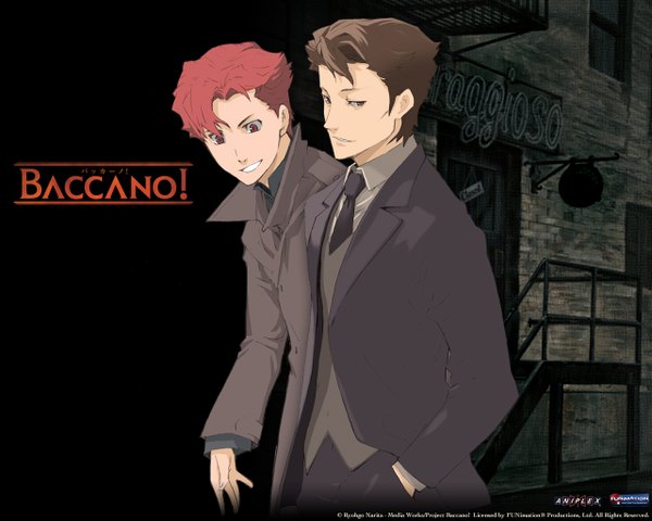 Anime picture 1280x1024 with baccano! claire stanfield luck gandor short hair smile red eyes brown hair brown eyes red hair city hand in pocket boy necktie vest suit coat