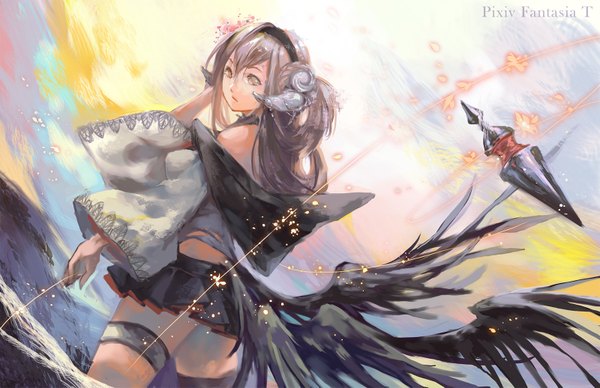 Anime picture 1600x1035 with original pixiv fantasia pixiv fantasia t nyanfood single long hair brown hair yellow eyes cloud (clouds) long sleeves pleated skirt looking back horn (horns) from behind sunlight wide sleeves magic hand on head black wings girl