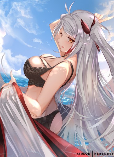 Anime picture 727x1000 with azur lane prinz eugen (azur lane) mujinbi single long hair tall image looking at viewer blush fringe breasts light erotic smile large breasts standing brown eyes signed sky cleavage silver hair cloud (clouds)
