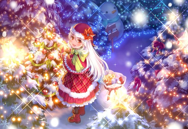 Anime picture 2000x1371 with original kuze kaname single long hair looking at viewer blush highres open mouth red eyes standing white hair sparkle fur trim christmas merry christmas girl dress hat fur gift