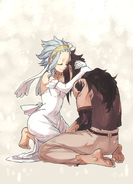 Anime picture 800x1107 with fairy tail gajeel redfox levy mcgarden rusky long hair tall image short hair black hair simple background smile white background bare shoulders blue hair eyes closed barefoot tattoo hug kneeling piercing girl