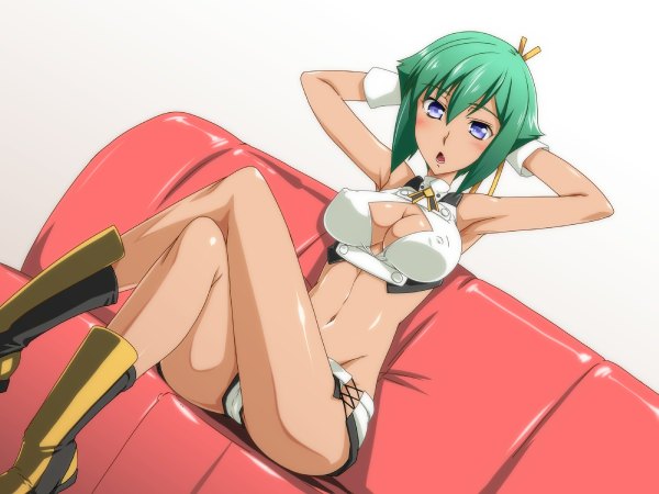 Anime picture 1200x900 with aquarion (series) aquarion evol satelight zessica wong single blush short hair breasts open mouth blue eyes light erotic simple background large breasts sitting nipples green hair arms behind head girl navel
