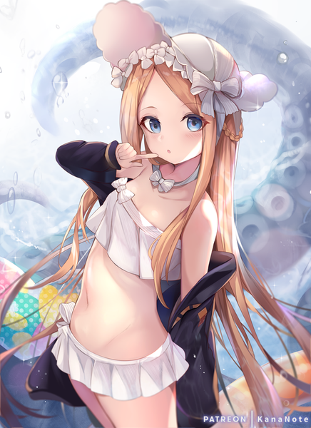 Anime picture 727x1000 with fate (series) fate/grand order abigail williams (fate) abigail williams (swimsuit foreigner) (fate) mujinbi single long hair tall image looking at viewer blush blue eyes light erotic blonde hair standing signed payot braid (braids) arm up off shoulder open jacket