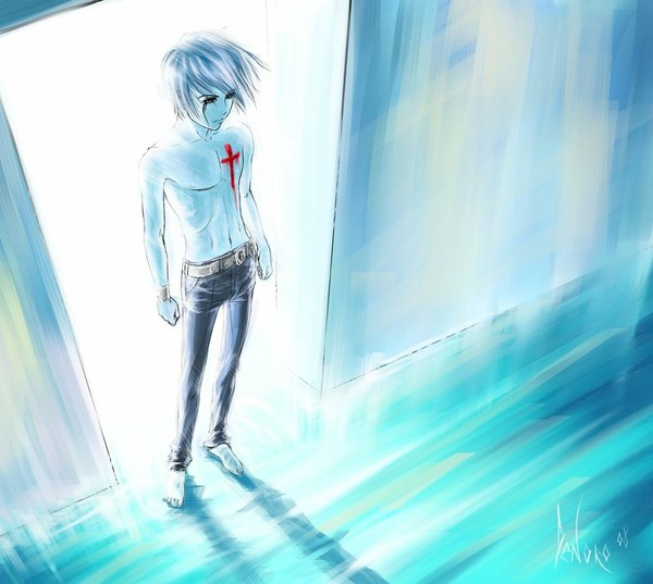 Anime picture 1024x918 with original denoro single short hair signed looking away white hair barefoot shadow facial mark boy pants cross
