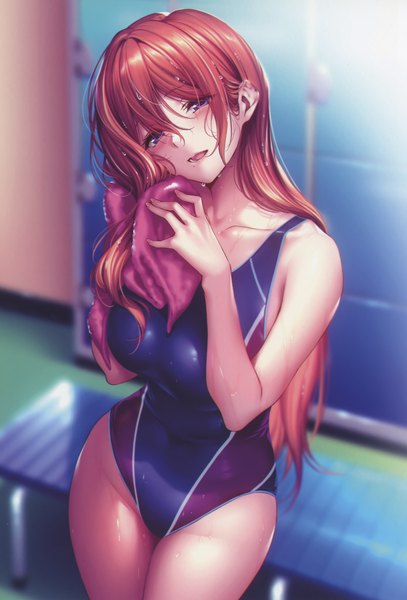 Anime picture 4048x5970 with hanikami kanojo kurumi shinoha piromizu single long hair tall image looking at viewer blush fringe highres breasts open mouth light erotic smile hair between eyes brown hair large breasts standing purple eyes absurdres