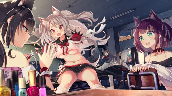 Anime picture 1401x788 with azur lane manjuu (azur lane) yuudachi (azur lane) maya (azur lane) shigure (azur lane) shiratsuyu (azur lane) aoba (azur lane) myoukou (azur lane) hato haru long hair blush fringe short hair breasts open mouth light erotic smile hair between eyes red eyes wide image