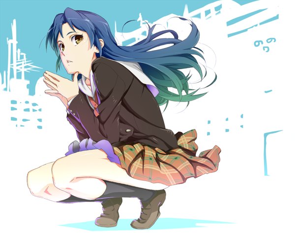 Anime picture 1000x793 with idolmaster kisaragi chihaya thesale single long hair sitting yellow eyes blue hair looking away school wear (idolmaster) girl skirt uniform school uniform miniskirt socks black socks