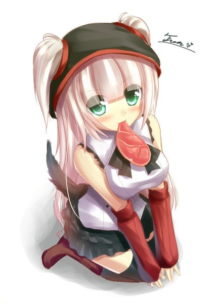 Anime picture 1000x1412 with original syroh single long hair tall image blush breasts light erotic large breasts twintails green eyes white hair dog ears dog tail dog girl girl thighhighs black thighhighs detached sleeves cap