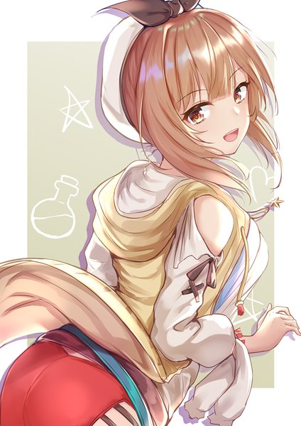 Anime picture 781x1105 with atelier (series) atelier ryza gust (company) reisalin stout eric (tianqijiang) single tall image looking at viewer blush fringe short hair breasts open mouth light erotic simple background smile brown hair brown eyes payot ass