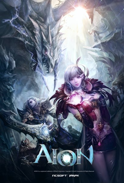 Anime picture 5429x8000 with aion asmodian long hair tall image highres purple eyes absurdres lips pointy ears grey hair inscription magic elf girl boy animal sword wings armor bird (birds)