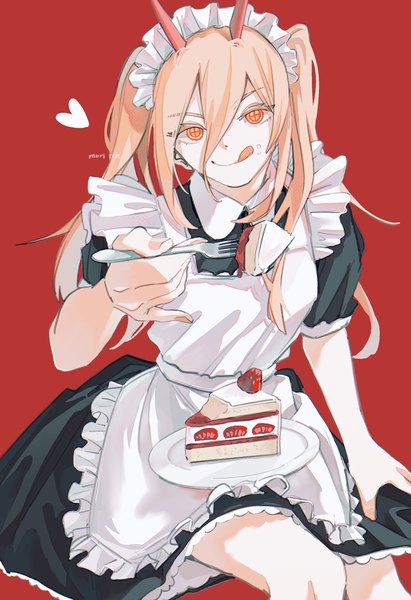 Anime picture 2121x3100 with chainsaw man mappa power (chainsaw man) ice morinaka single long hair tall image looking at viewer highres simple background blonde hair sitting twintails yellow eyes maid symbol-shaped pupils red background :q food on face girl