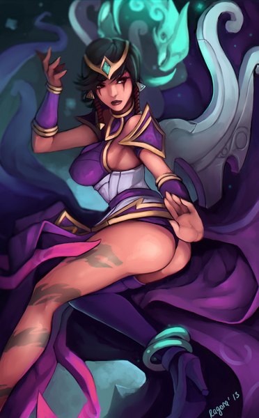Anime picture 894x1440 with league of legends karma (league of legends) ragora57 (artist) single tall image short hair breasts light erotic black hair red eyes bare shoulders looking away ass from behind magic girl hair ornament thigh boots
