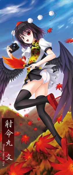 Anime picture 505x1200 with touhou shameimaru aya single tall image short hair open mouth light erotic black hair red eyes sky cloud (clouds) looking back girl thighhighs underwear panties black thighhighs leaf (leaves) fan pom pom (clothes)
