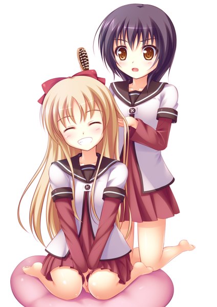 Anime picture 1098x1552 with yuru yuri doga kobo toshinou kyouko funami yui psyche3313 long hair tall image short hair open mouth black hair simple background blonde hair white background multiple girls brown eyes eyes closed barefoot girl uniform bow