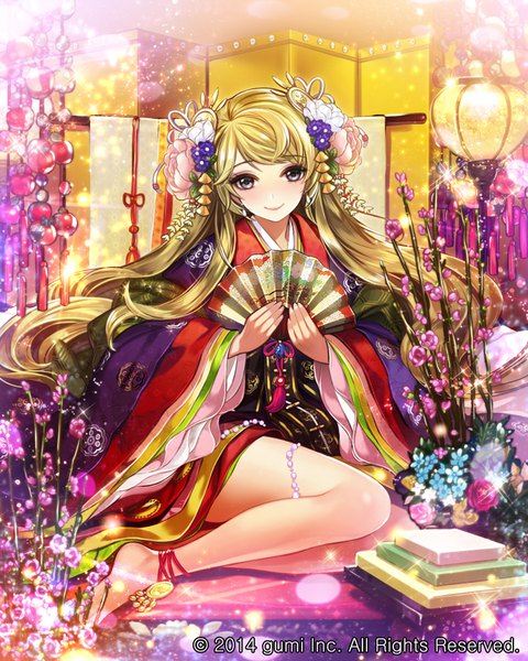 Anime picture 720x900 with maboroshi juuhime eu (euspia) single long hair tall image looking at viewer blush fringe blonde hair smile sitting holding full body long sleeves head tilt barefoot wide sleeves sparkle grey eyes wavy hair