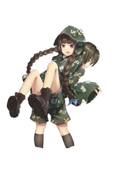 Anime picture 1173x1760 with original tc1995 long hair tall image short hair open mouth simple background brown hair white background multiple girls brown eyes braid (braids) green hair wide sleeves twin braids victory back to back army girl uniform