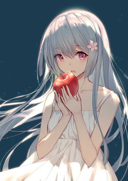 Anime picture 1000x1415 with original bison cangshu single long hair tall image looking at viewer blush fringe open mouth simple background hair between eyes red eyes standing holding payot hair flower grey hair sleeveless floating hair girl