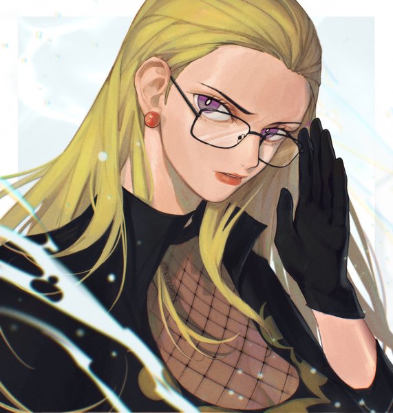 Anime-Bild 2000x2100 mit one piece toei animation kalifa mygiorni single long hair tall image looking at viewer highres blonde hair purple eyes upper body lipstick border red lipstick outside border adjusting glasses girl gloves black gloves