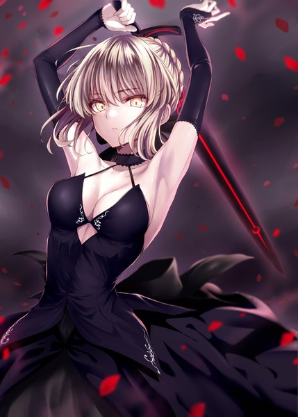 Anime picture 800x1119 with fate (series) fate/grand order fate/stay night artoria pendragon (all) saber alter simon (n.s craft) single tall image looking at viewer fringe short hair breasts light erotic blonde hair hair between eyes standing holding yellow eyes payot cleavage