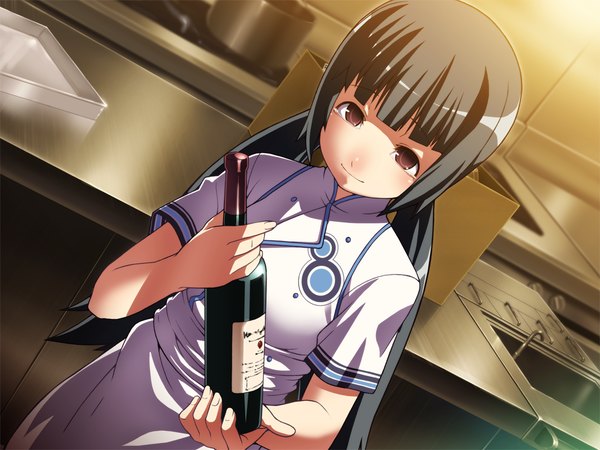 Anime picture 1024x768 with hotel (game) single long hair black hair brown eyes game cg girl bottle