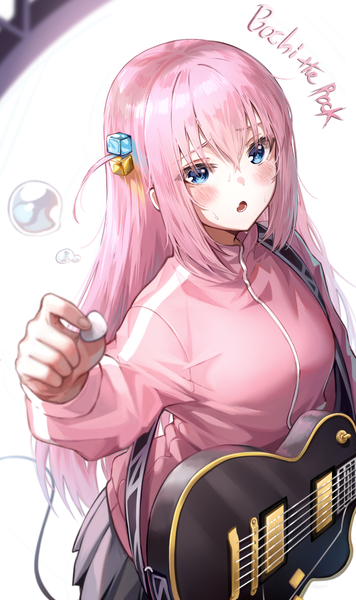 Anime picture 950x1600 with bocchi the rock! cloverworks gotou hitori kaiwa single long hair tall image looking at viewer blush fringe open mouth blue eyes hair between eyes pink hair arm up sweat copyright name one side up girl hair ornament