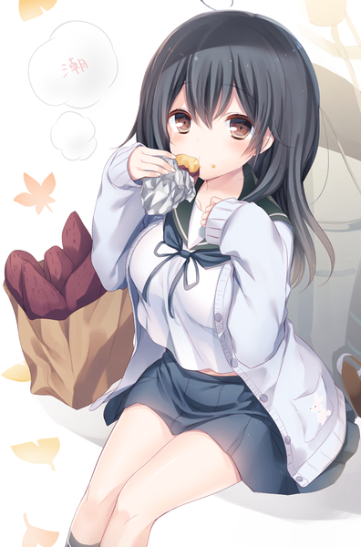 Anime picture 705x1069 with kantai collection ushio destroyer komeshiro kasu single long hair tall image looking at viewer blush fringe breasts black hair hair between eyes large breasts sitting brown eyes long sleeves from above eating steam autumn