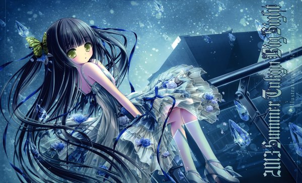 Anime picture 7132x4337 with original tinker bell single long hair blush highres black hair wide image green eyes absurdres scan loli girl dress hair ornament insect butterfly butterfly hair ornament