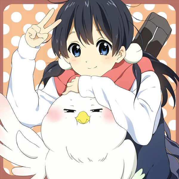 Anime picture 1000x1000 with tamako market kyoto animation kitashirakawa tamako dera mochimazzui aya (aya311neko-nyanyanya) single long hair blush blue eyes black hair smile twintails low twintails victory polka dot polka dot background girl animal scarf bird (birds)