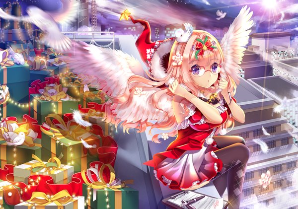 Anime picture 3200x2250 with original agrt single long hair highres blonde hair sitting purple eyes absurdres city christmas girl thighhighs dress hair ornament black thighhighs animal wings glasses bird (birds)