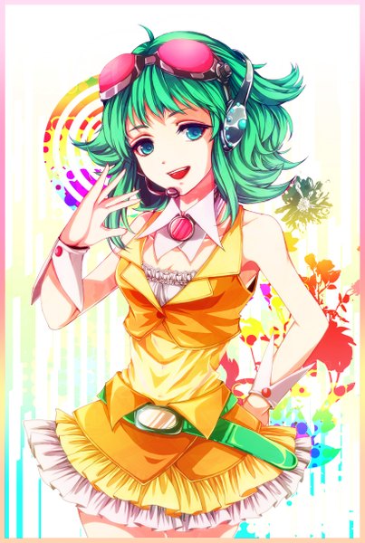 Anime picture 820x1220 with vocaloid gumi awa toka single tall image short hair open mouth bare shoulders ahoge aqua eyes green hair hand on hip girl headphones wrist cuffs microphone goggles