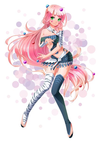 Anime picture 600x850 with original vali (valiryn) single long hair tall image smile white background green eyes pink hair alternate costume face paint girl thighhighs