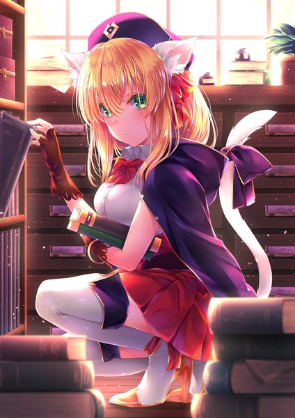 Anime picture 2894x4093 with original routo (rot 0) single long hair tall image looking at viewer blush fringe highres breasts blonde hair hair between eyes large breasts holding green eyes animal ears full body bent knee (knees) indoors tail
