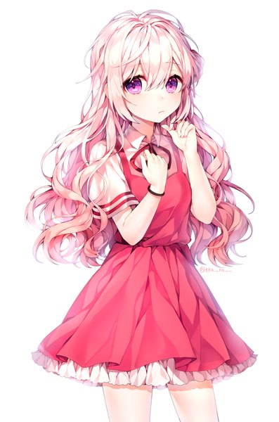 Anime picture 2474x3735 with original ha youn single long hair tall image looking at viewer blush fringe highres simple background hair between eyes standing white background purple eyes payot pink hair ahoge wavy hair frilled dress girl