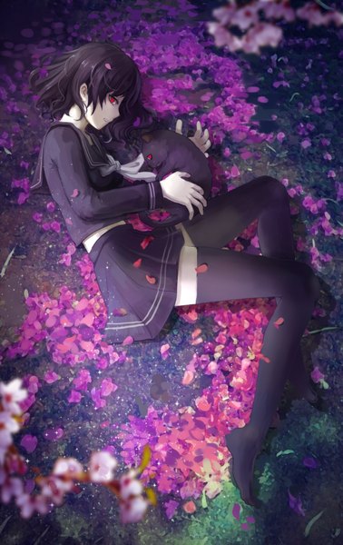 Anime picture 2216x3515 with original ao aka maou tall image looking at viewer fringe highres short hair black hair smile red eyes bent knee (knees) lying profile pleated skirt no shoes zettai ryouiki cherry blossoms girl thighhighs skirt