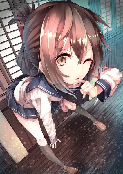 Anime picture 1200x1699 with kantai collection inazuma destroyer saraki single tall image looking at viewer fringe short hair open mouth hair between eyes brown hair standing brown eyes full body pleated skirt from above leaning leaning forward outstretched arm finger to mouth