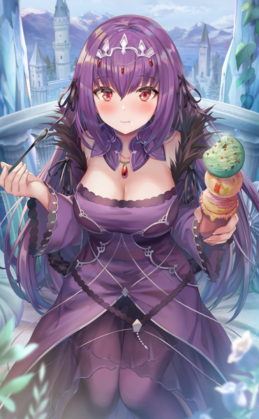 Anime picture 3110x5028 with fate (series) fate/grand order scathach (fate) (all) scathach skadi (fate) torino aqua single long hair tall image looking at viewer blush fringe highres breasts hair between eyes red eyes large breasts sitting holding absurdres sky